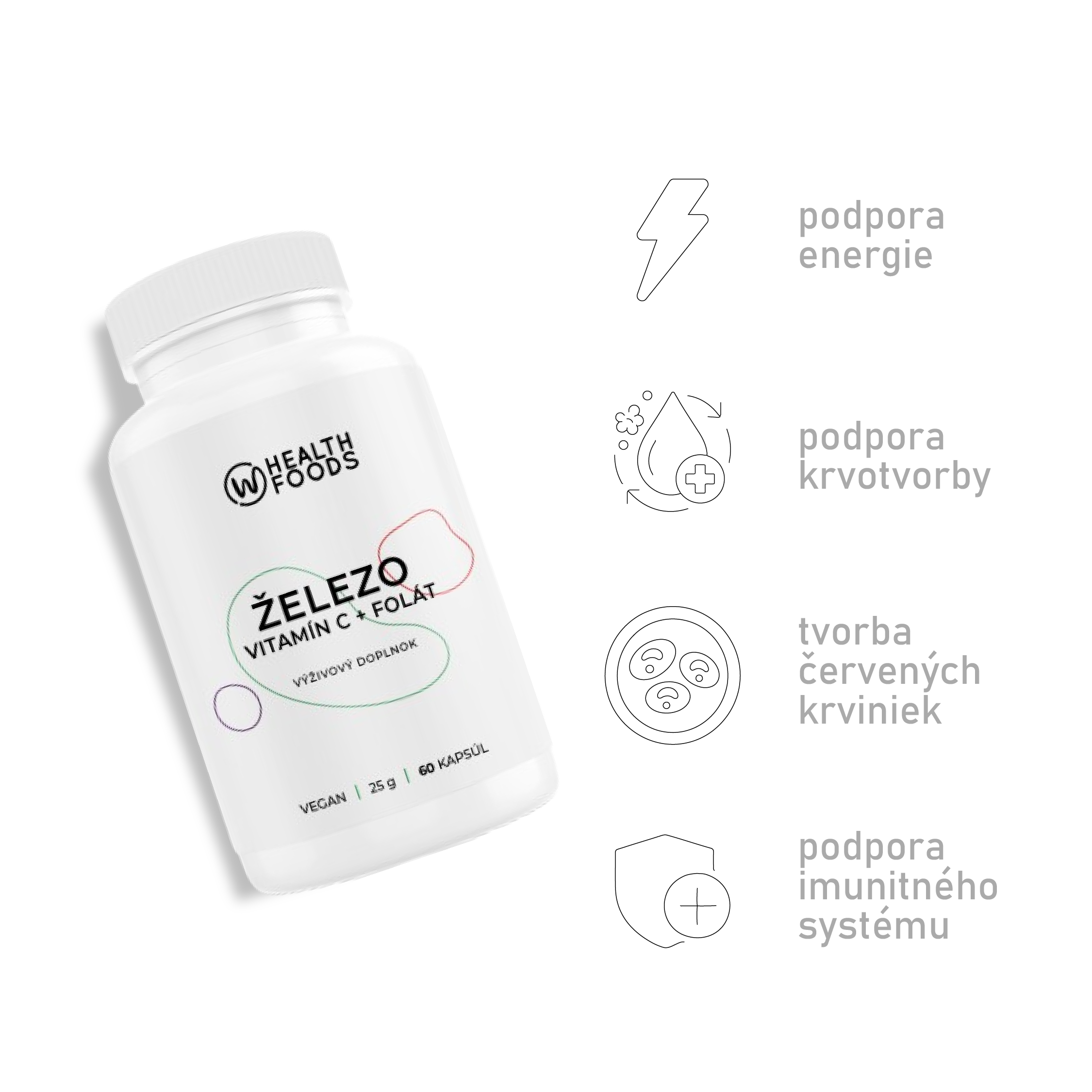 Železo 15 mg + Vitamín C a Folát (B9)